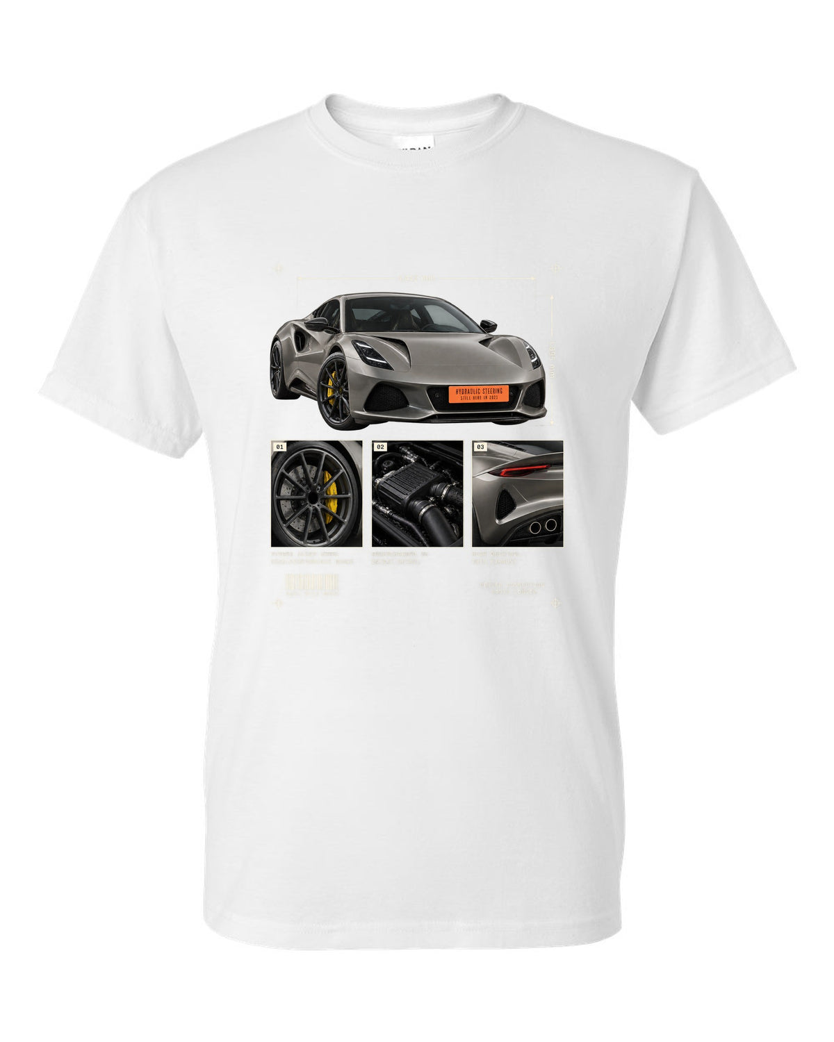 Lotus Emira V6 2021 hero view with three detail panels print with hydraulic steering text white t-shirt front view with the design
