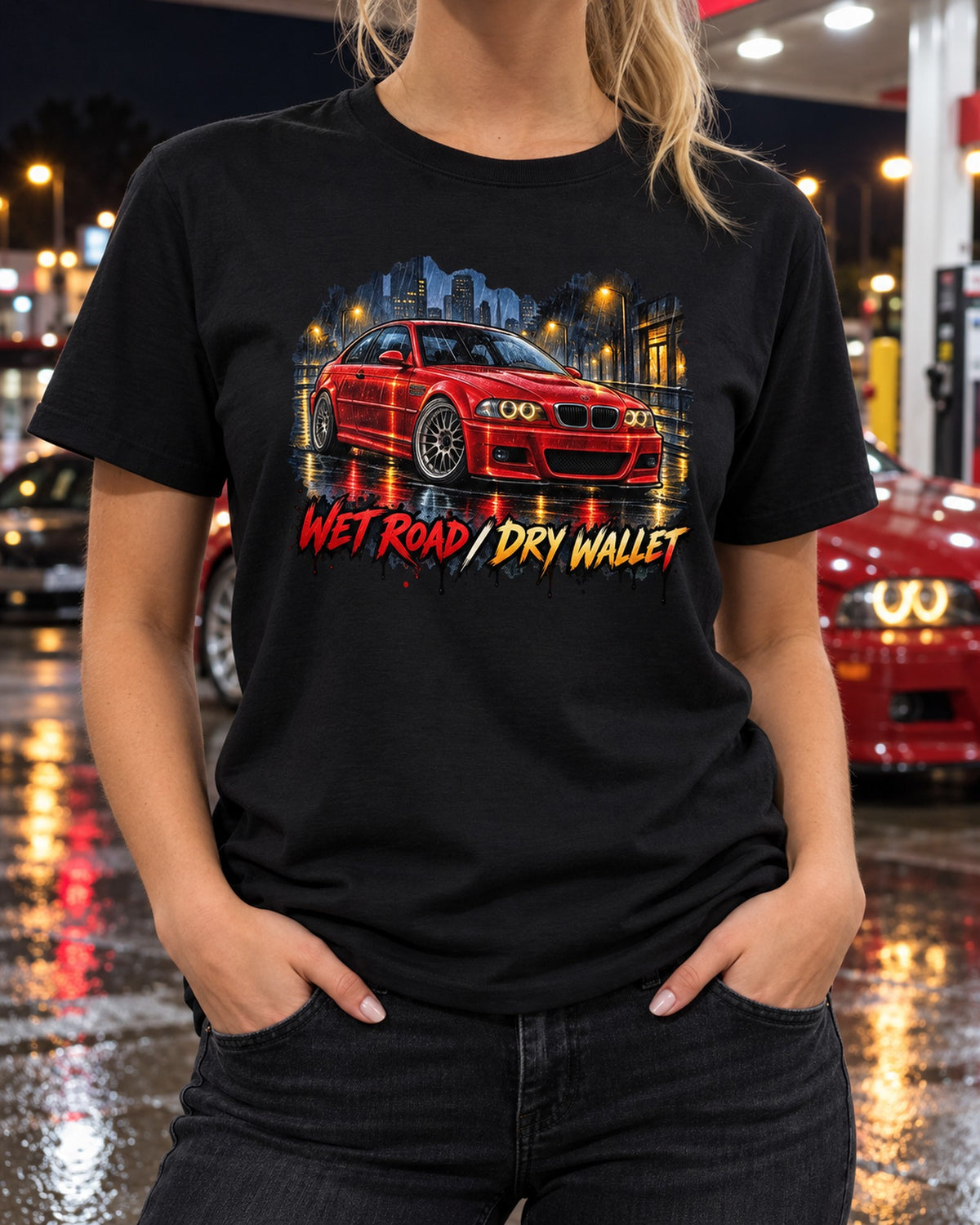 BMW E46 M3 Coupe Imola Rain Wash Watercolour Car Shirt T-Shirt Black worn hero