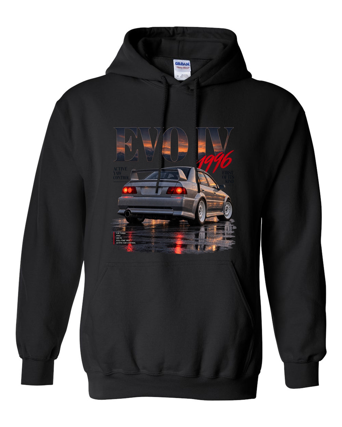 Editorial headline print for the Mitsubishi Lancer Evolution IV CN9A reading Active Yaw Control, first of its kind, 1996 black pull over hoodie front view with the design