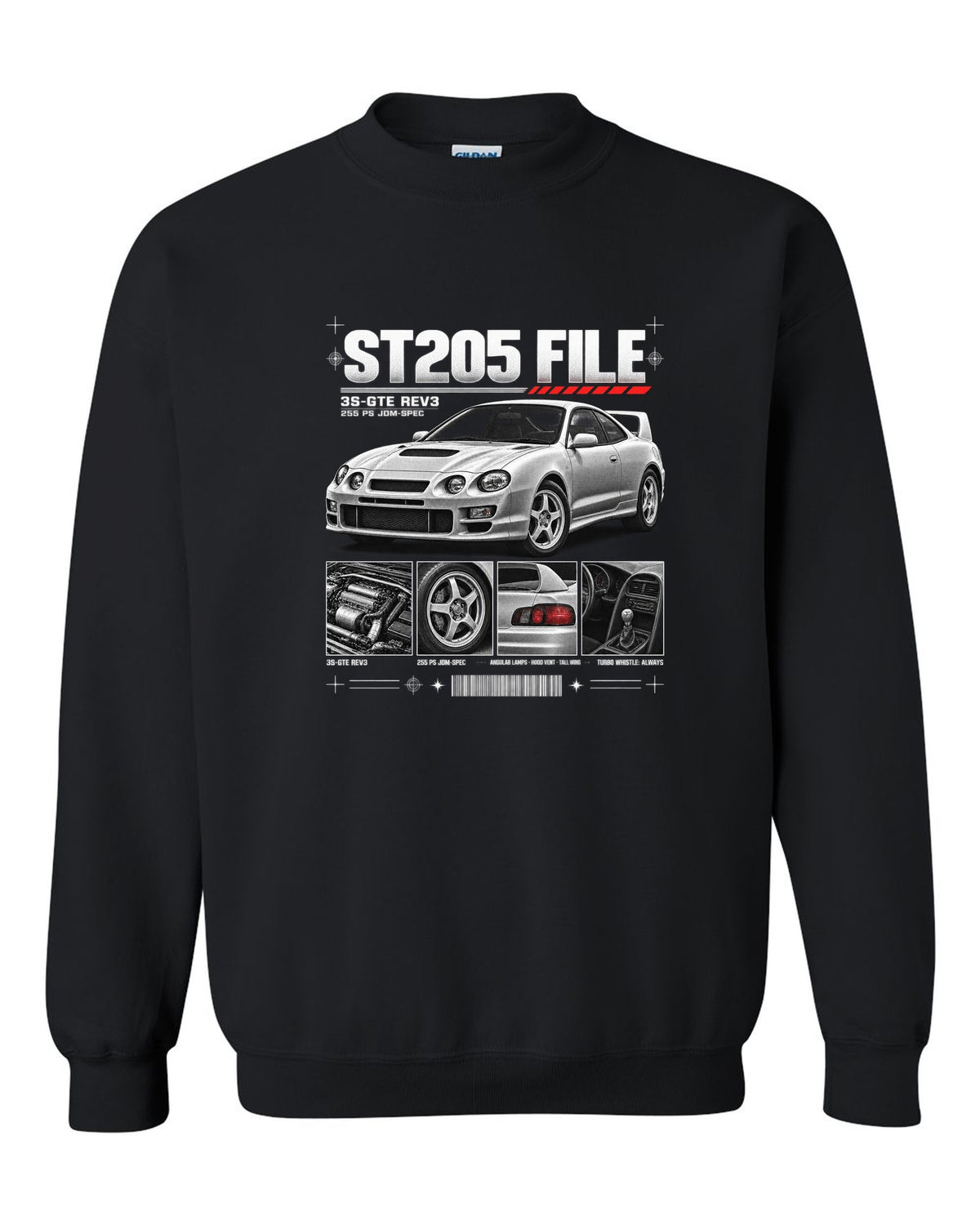 Dossier panel print of a Toyota Celica GT-Four ST205 with 3S-GTE Rev3 and 255 PS text black crewneck front view with the design