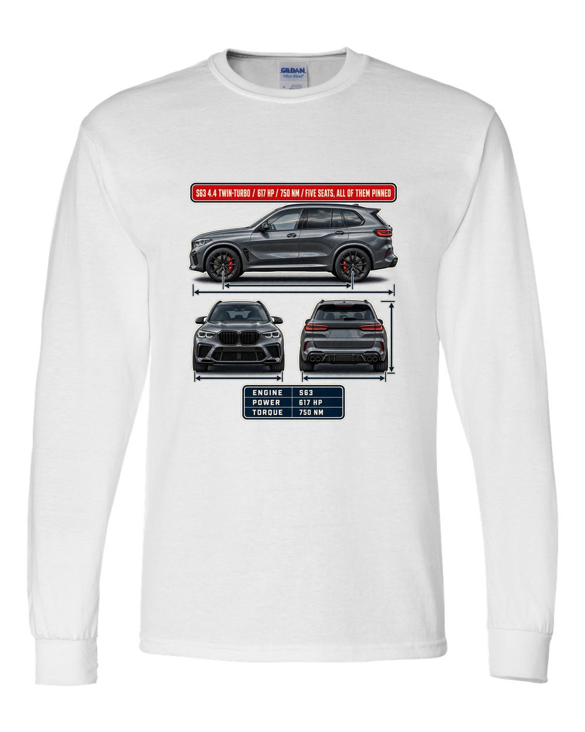BMW X5 M Competition F95 three-view spec table print on a tee white long sleeve front view with the design