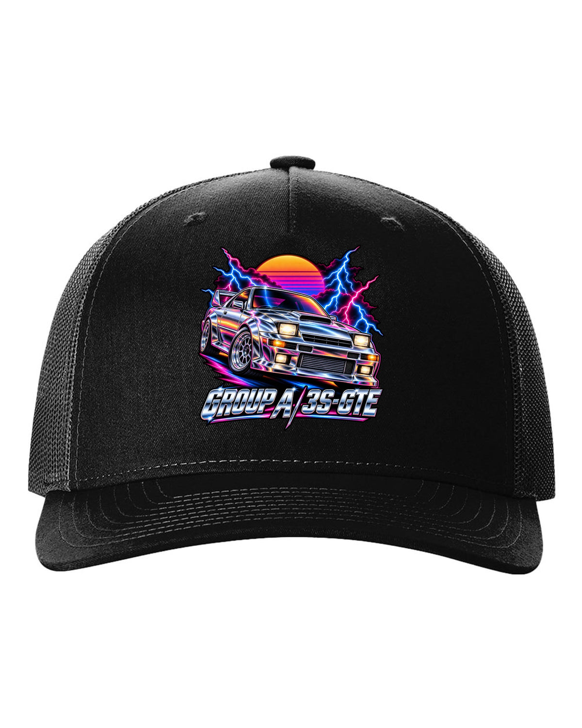 80s airbrush chrome illustration of a Toyota Celica GT-Four ST185 with Group A 3S-GTE lettering black hat front view with the design