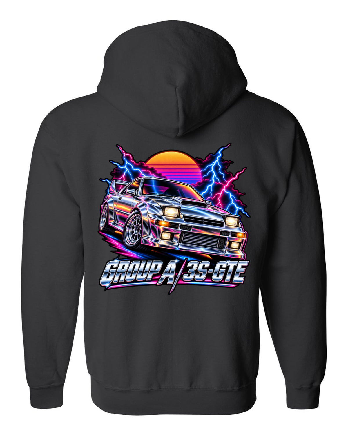 80s airbrush chrome illustration of a Toyota Celica GT-Four ST185 with Group A 3S-GTE lettering black zip hoodie back view with the design