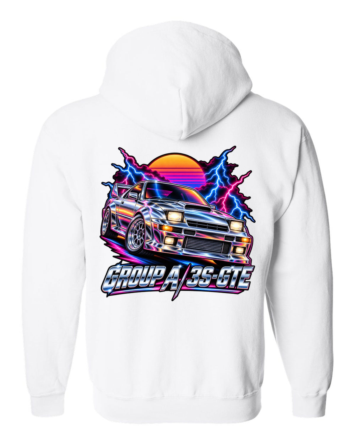 80s airbrush chrome illustration of a Toyota Celica GT-Four ST185 with Group A 3S-GTE lettering white zip hoodie back view with the design