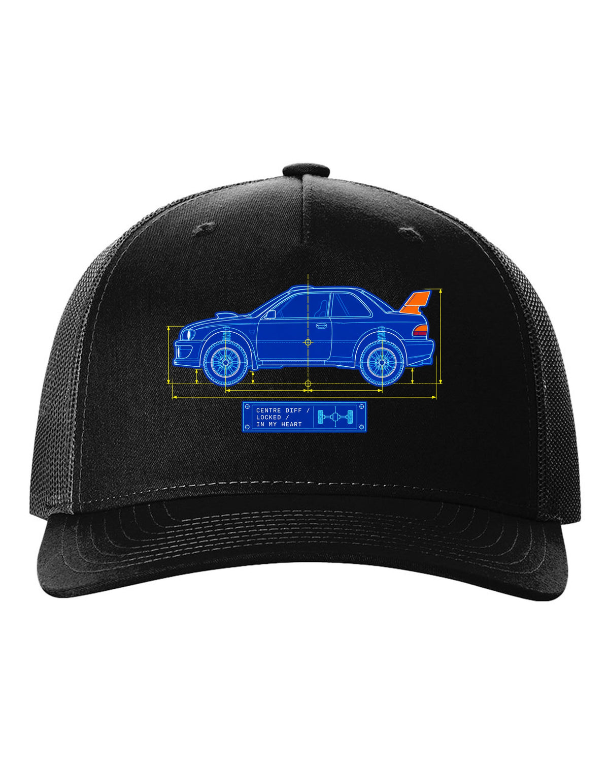 Blueprint line art of a Toyota Celica GT-Four ST185 with centre diff lettering black hat front view with the design
