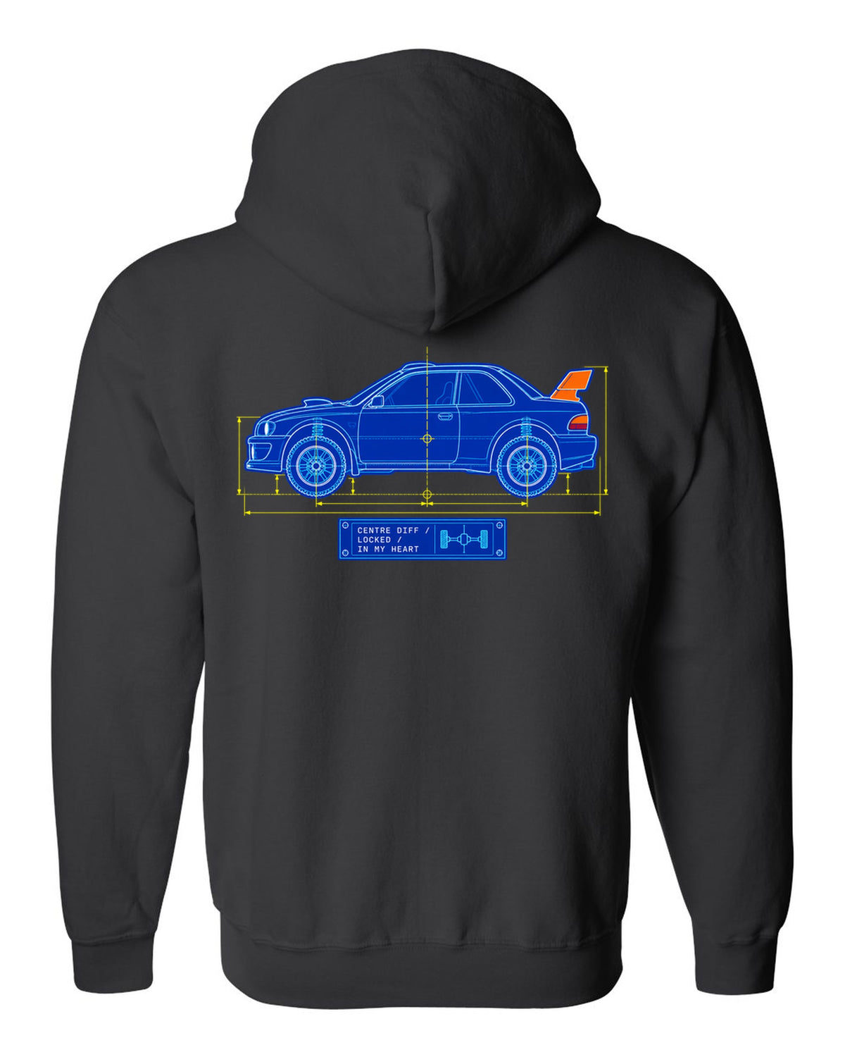 Blueprint line art of a Toyota Celica GT-Four ST185 with centre diff lettering black zip hoodie back view with the design