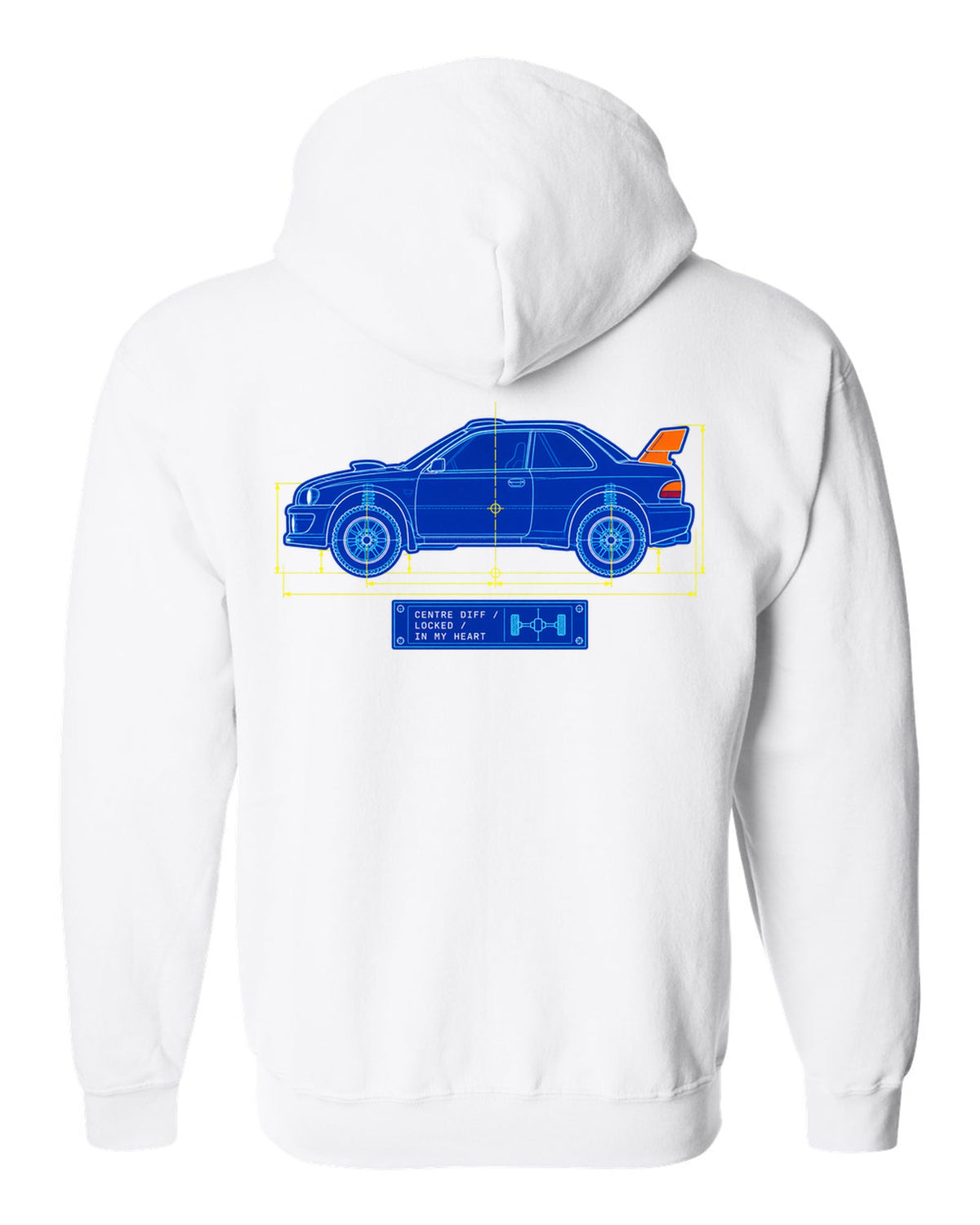 Blueprint line art of a Toyota Celica GT-Four ST185 with centre diff lettering white zip hoodie back view with the design