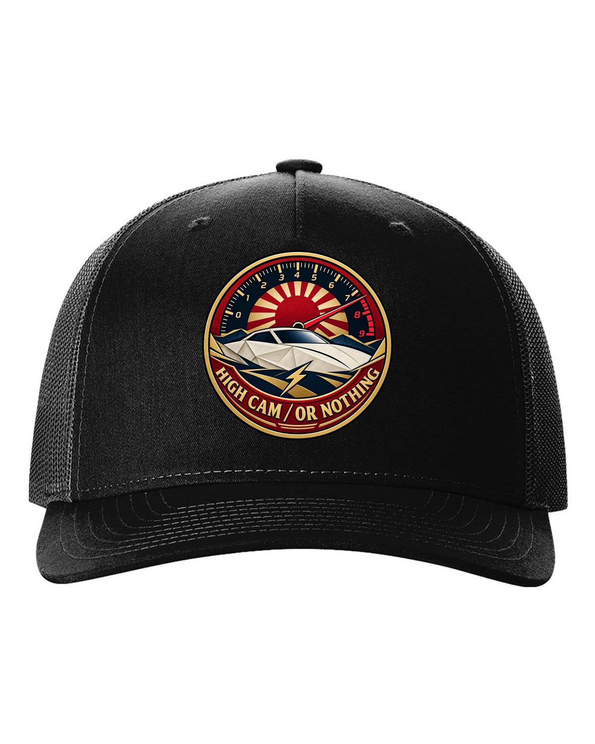 Origami-style crest of a Toyota Celica ZZT231 with the words High Cam or Nothing black hat front view with the design