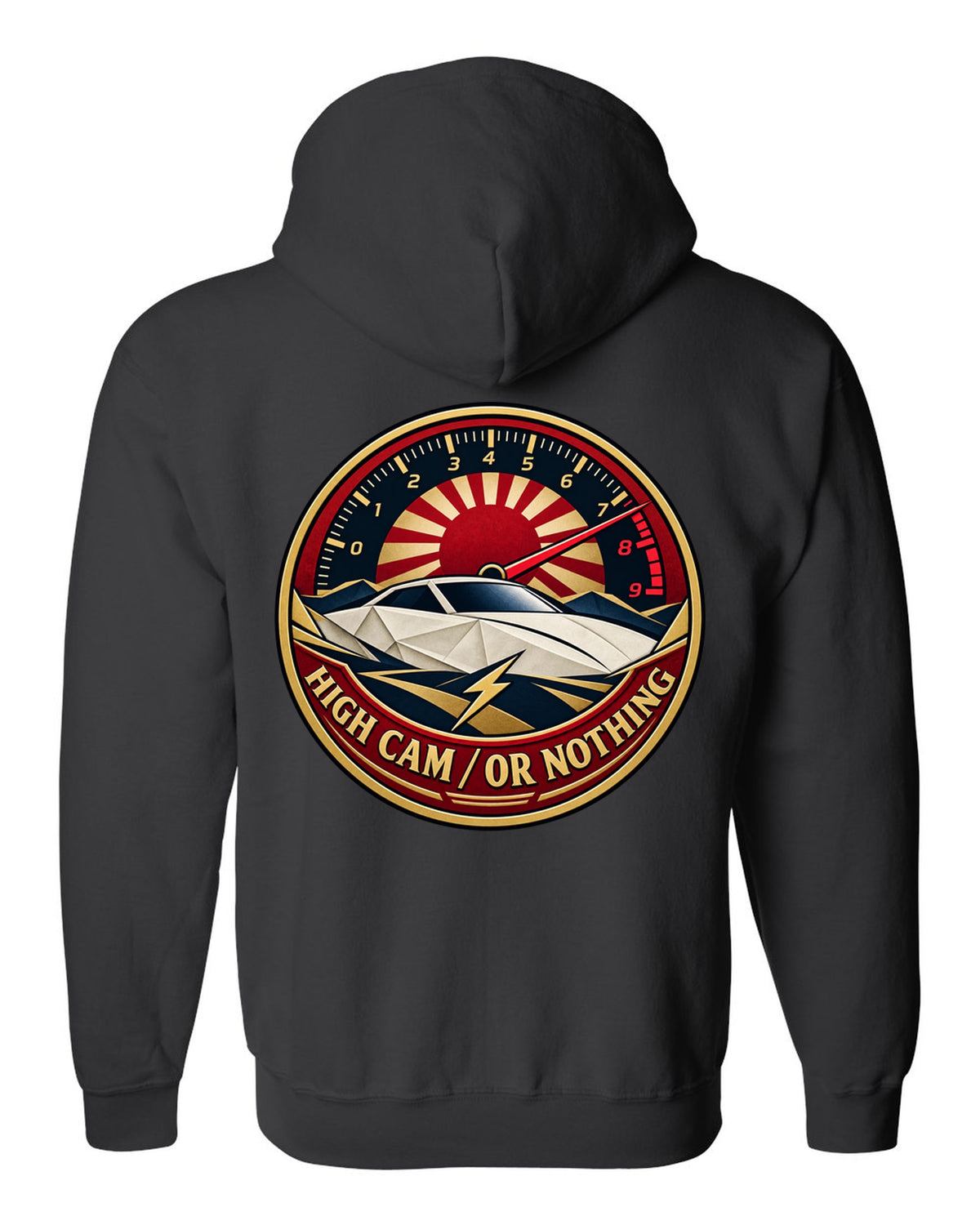 Origami-style crest of a Toyota Celica ZZT231 with the words High Cam or Nothing black zip hoodie back view with the design