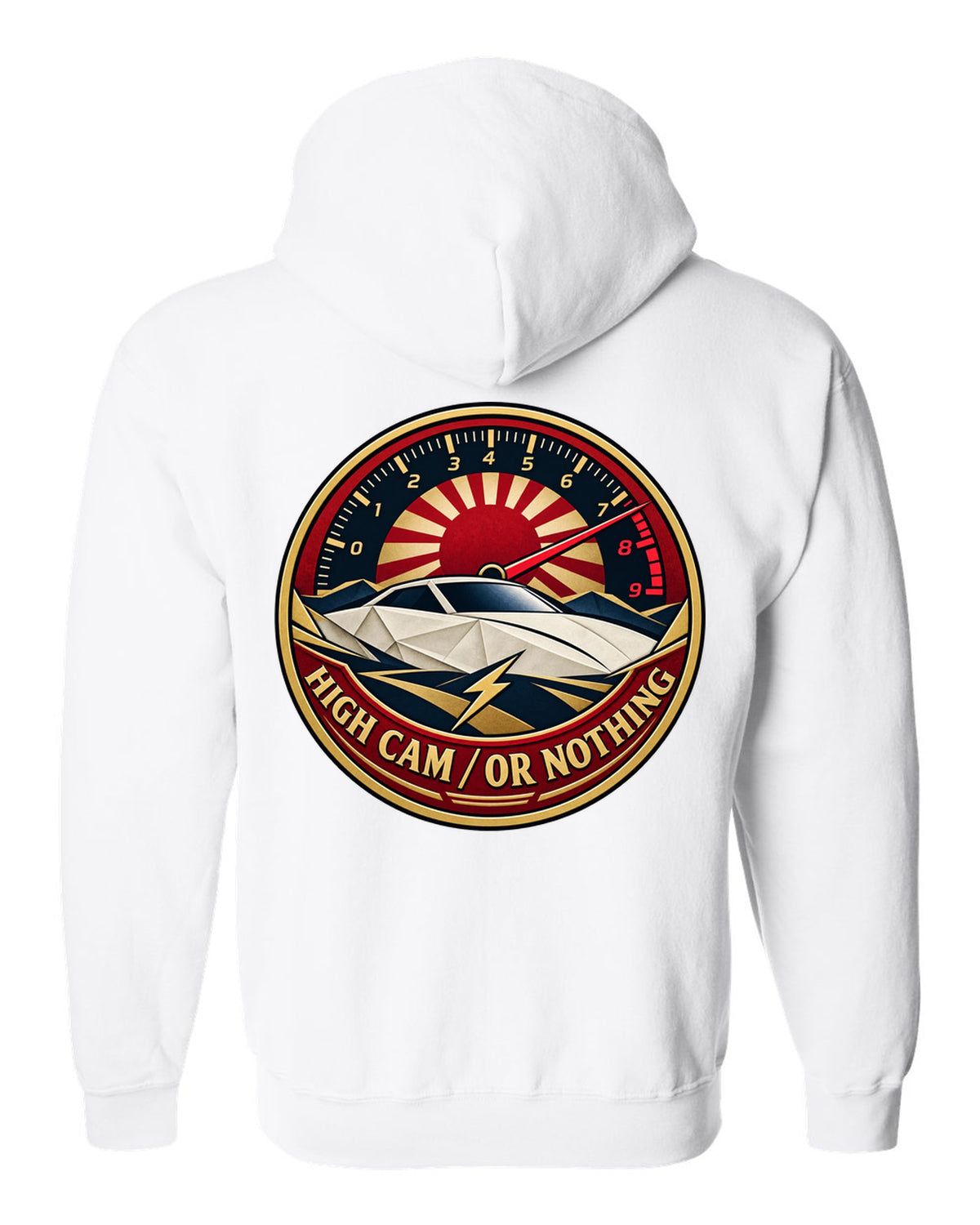 Origami-style crest of a Toyota Celica ZZT231 with the words High Cam or Nothing white zip hoodie back view with the design