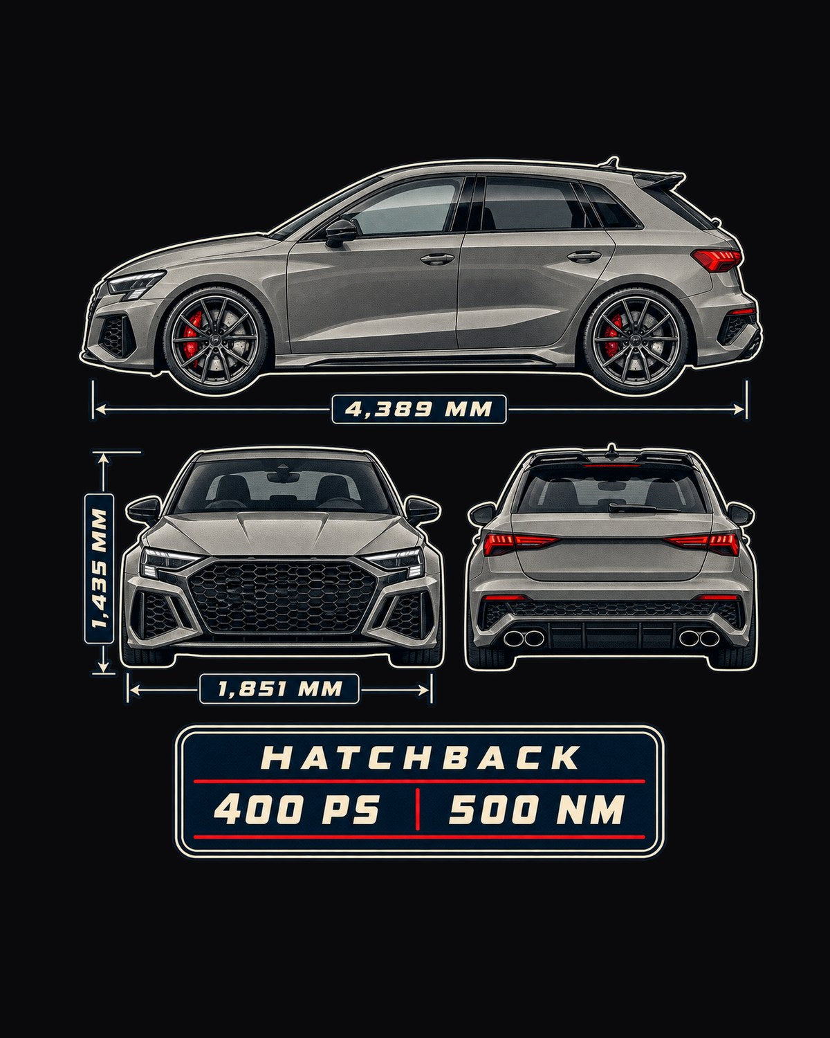 Audi RS3 8Y Sportback Three-View Spec Table Car Shirt design only