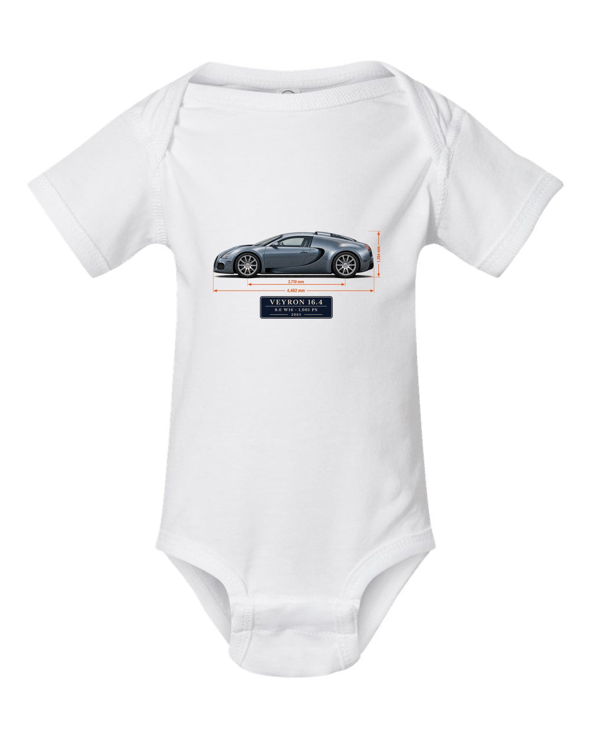 Bugatti Veyron 16.4 dimension blueprint print with size and engine specs white baby onesie front view with the design
