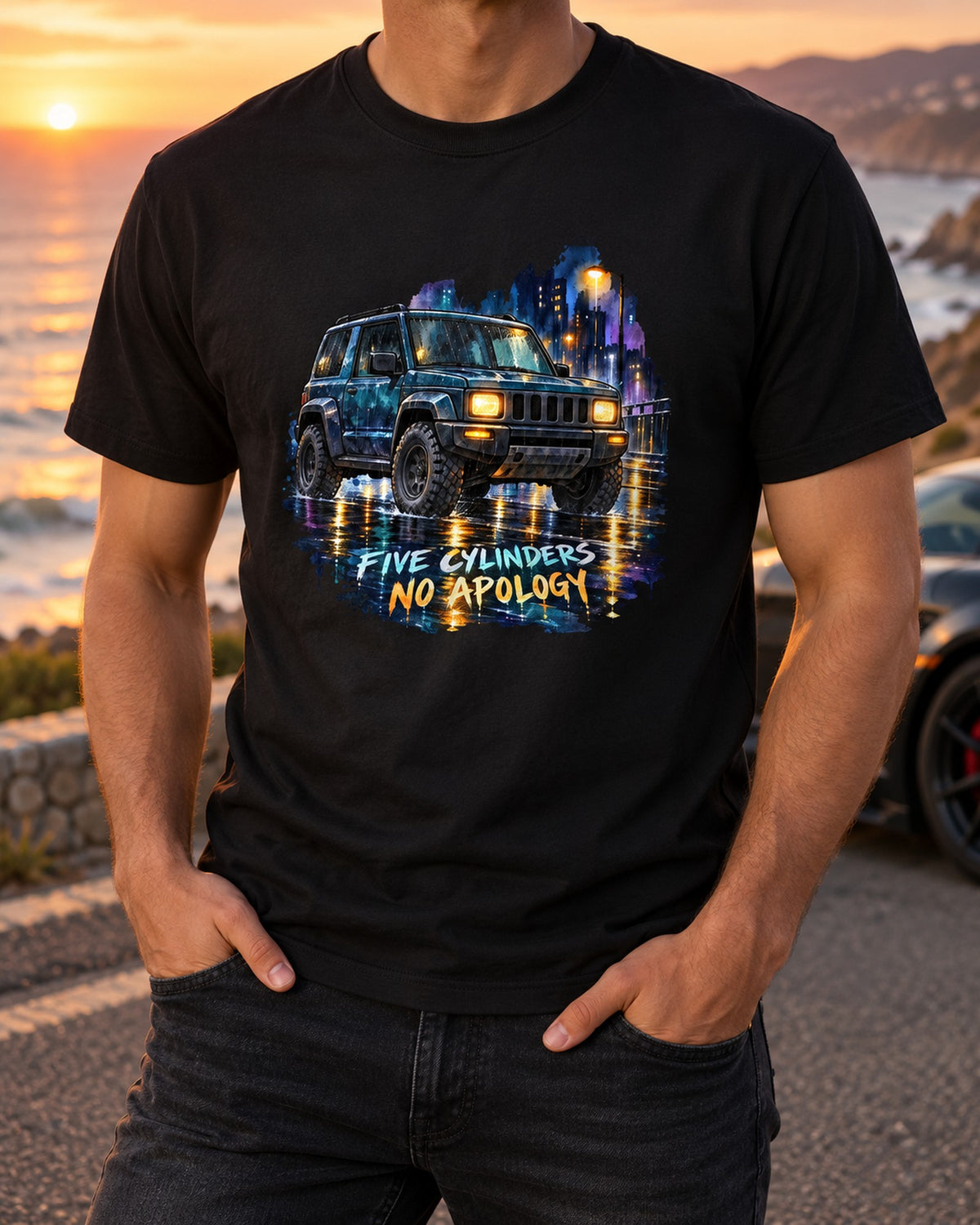 Hummer H3 Watercolour Wet Street Shirt, Five Cylinders Tee T-Shirt Black worn hero