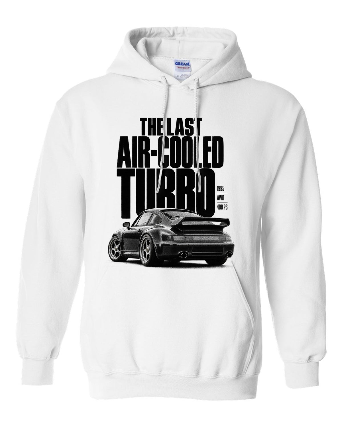 Halftone print of the Porsche 911 Turbo (993) with the line The Last Air-Cooled Turbo white pull over hoodie front view with the design