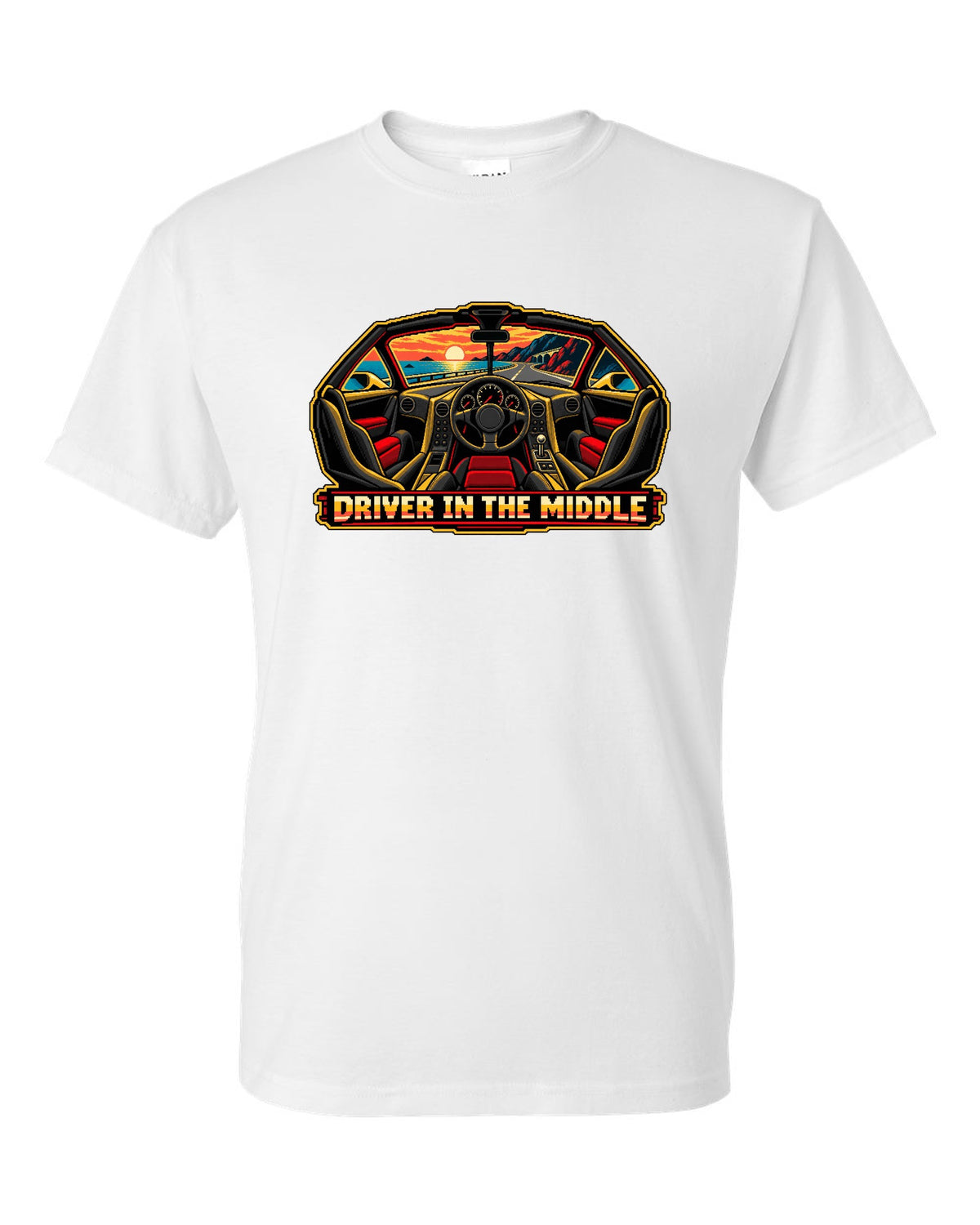 8/16-bit pixel art print of the McLaren F1 with Driver in the Middle lettering white t-shirt front view with the design