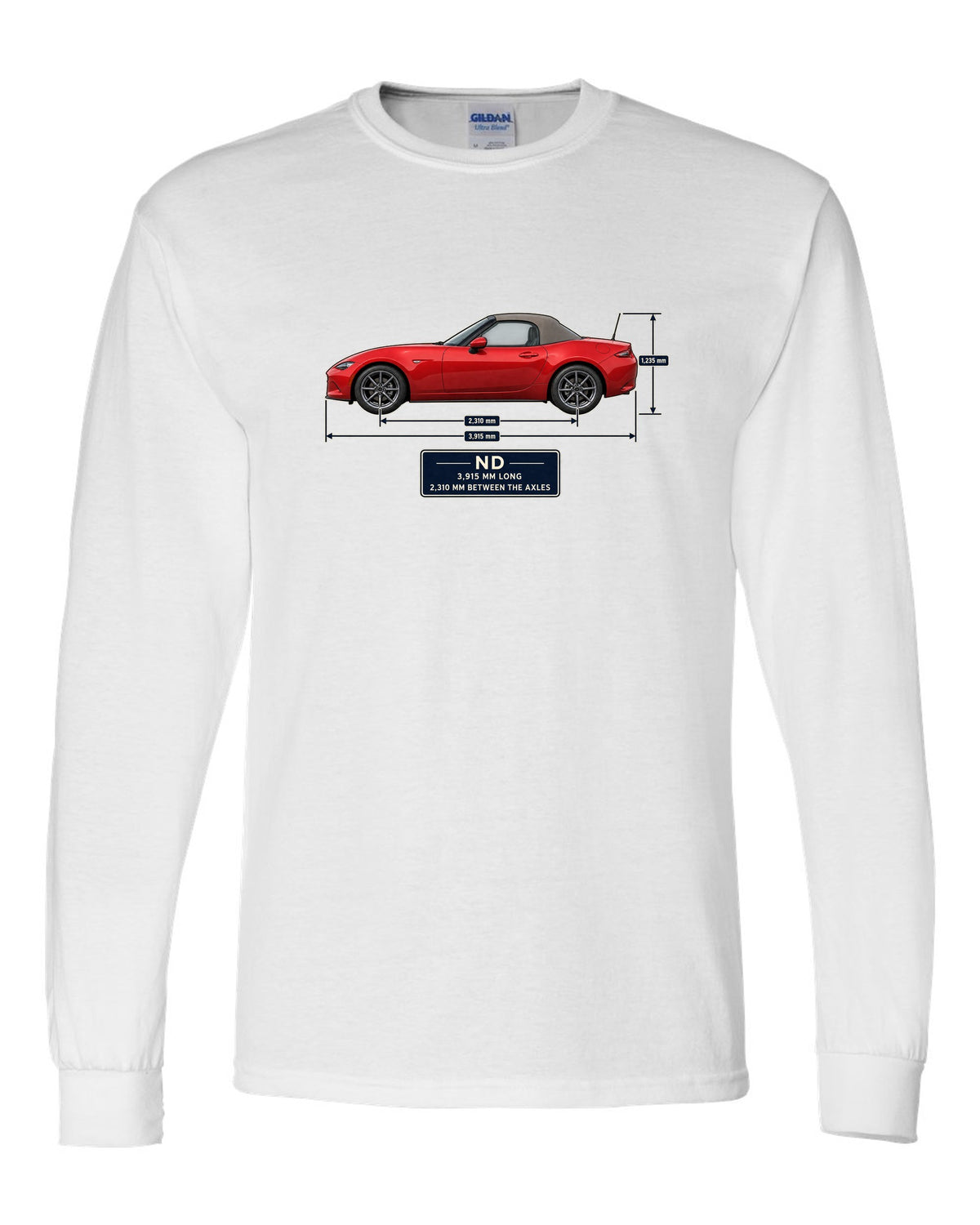 Blueprint-style dimension drawing of a 2016 Mazda MX-5 ND1 soft top in Soul Red white long sleeve front view with the design