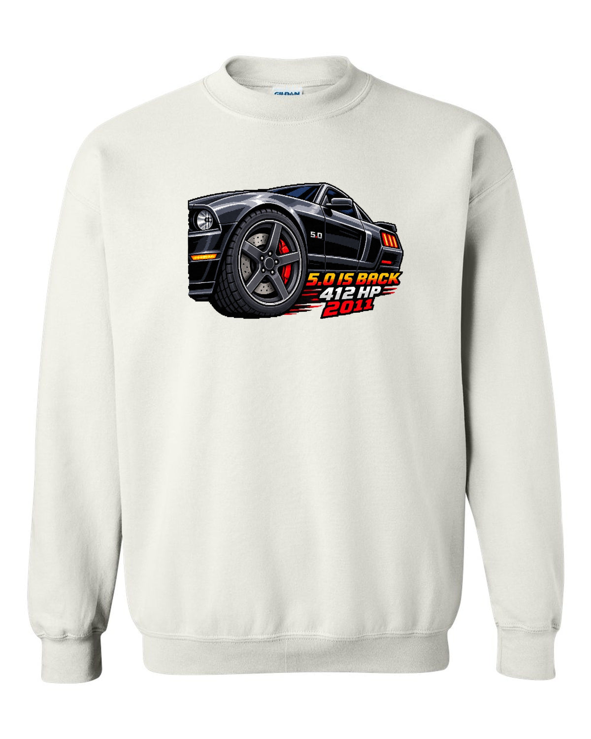 16-bit pixel art print of a Ford Mustang S197 GT wheel with 5.0 is back 412 HP text white crewneck front view with the design
