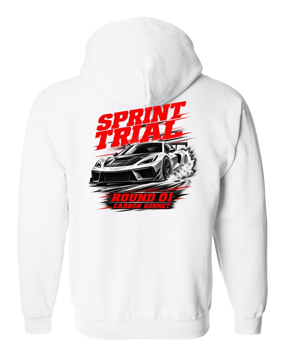 Honda NSX-R NA1 race poster design with sprint trial round 01 carbon bonnet text white zip hoodie back view with the design