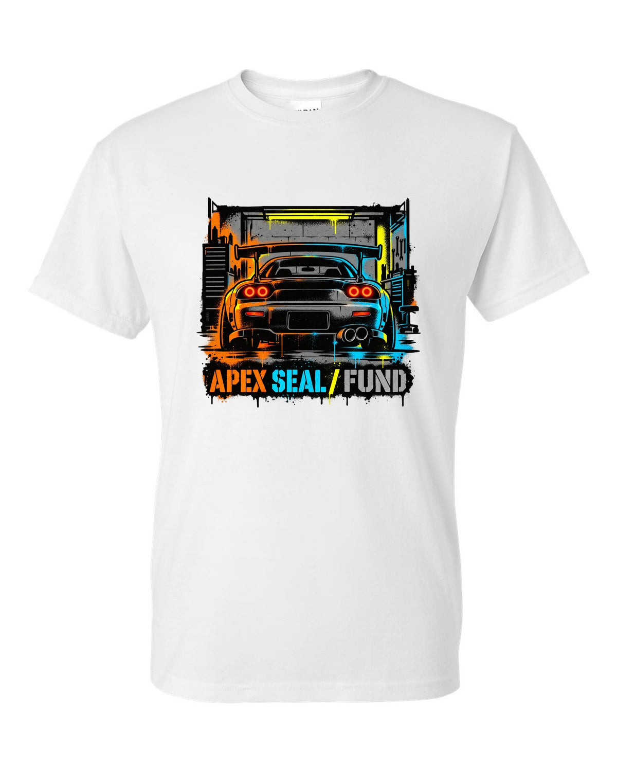 Stencil spray street art print of a Mazda RX-7 FD3S with the text Apex Seal Fund white t-shirt front view with the design