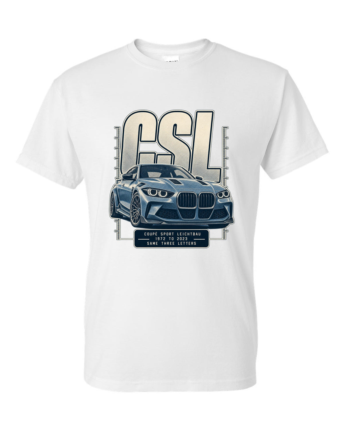 BMW CSL halftone lettering print, 1972 to 2023 white t-shirt front view with the design