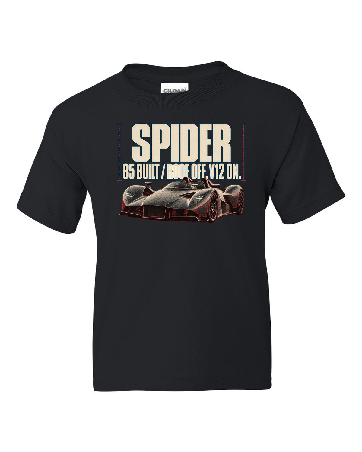 Aston Martin Valkyrie Spider 2022 halftone print with 85 built and roof off V12 on text black kids tee front view with the design