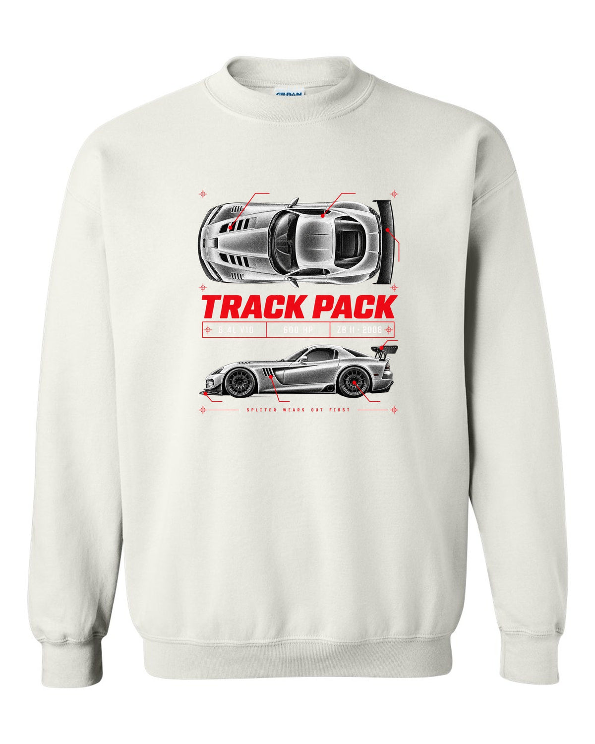 Spec poster print of a 2008 Dodge Viper ACR ZB II with Track Pack, 8.4L V10 and 600 HP text white crewneck front view with the design