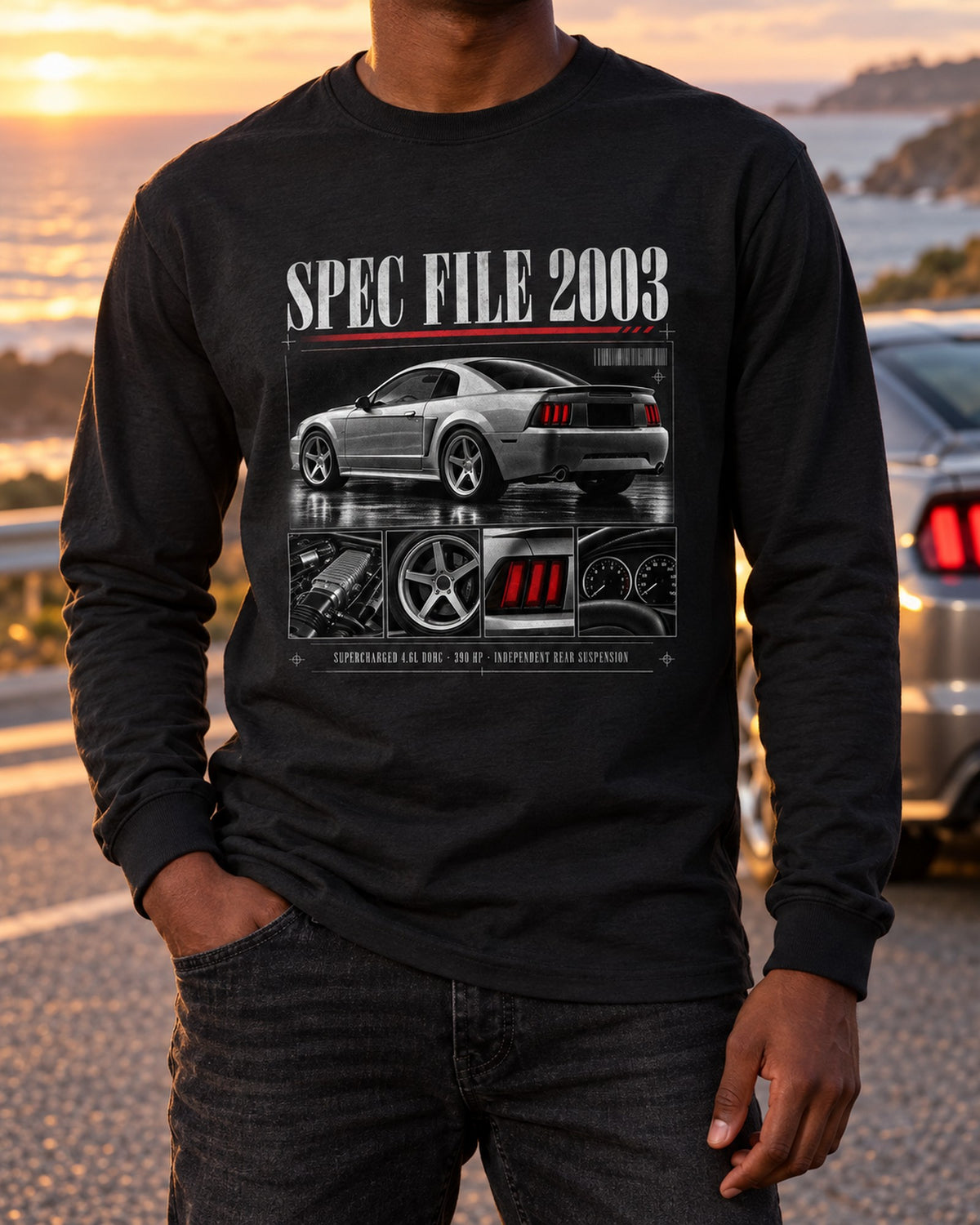 Ford Mustang SVT Cobra New Edge Spec File Shirt, 2003-04 Long Sleeve Black worn hero