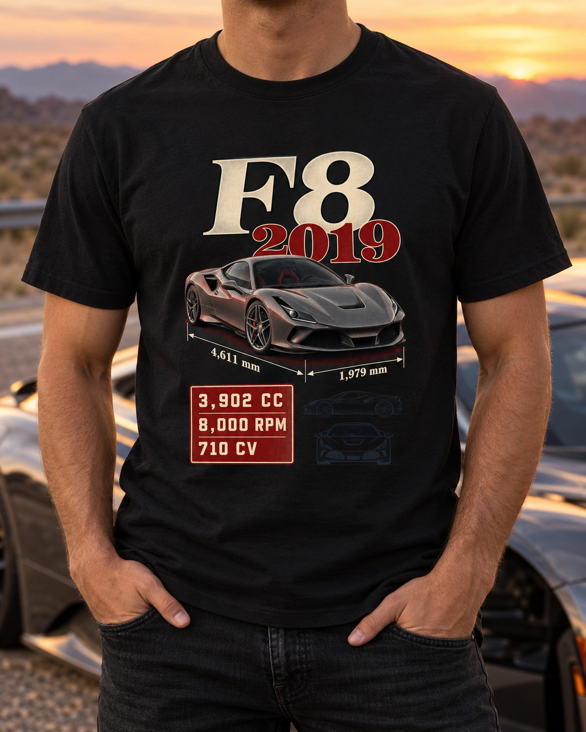 Ferrari F8 Tributo Archive Panel Tee, 3,902 cc 710 CV T-Shirt Black worn hero