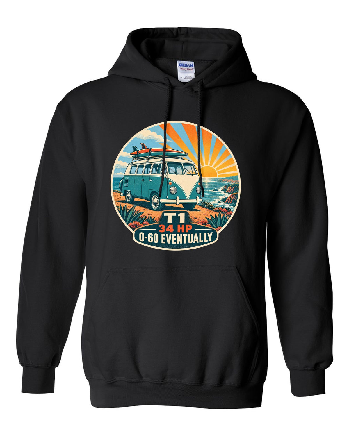 Two-colour silkscreen sunburst print of a 1962 VW Bus T1 split-window with 34 HP lettering black pull over hoodie front view with the design
