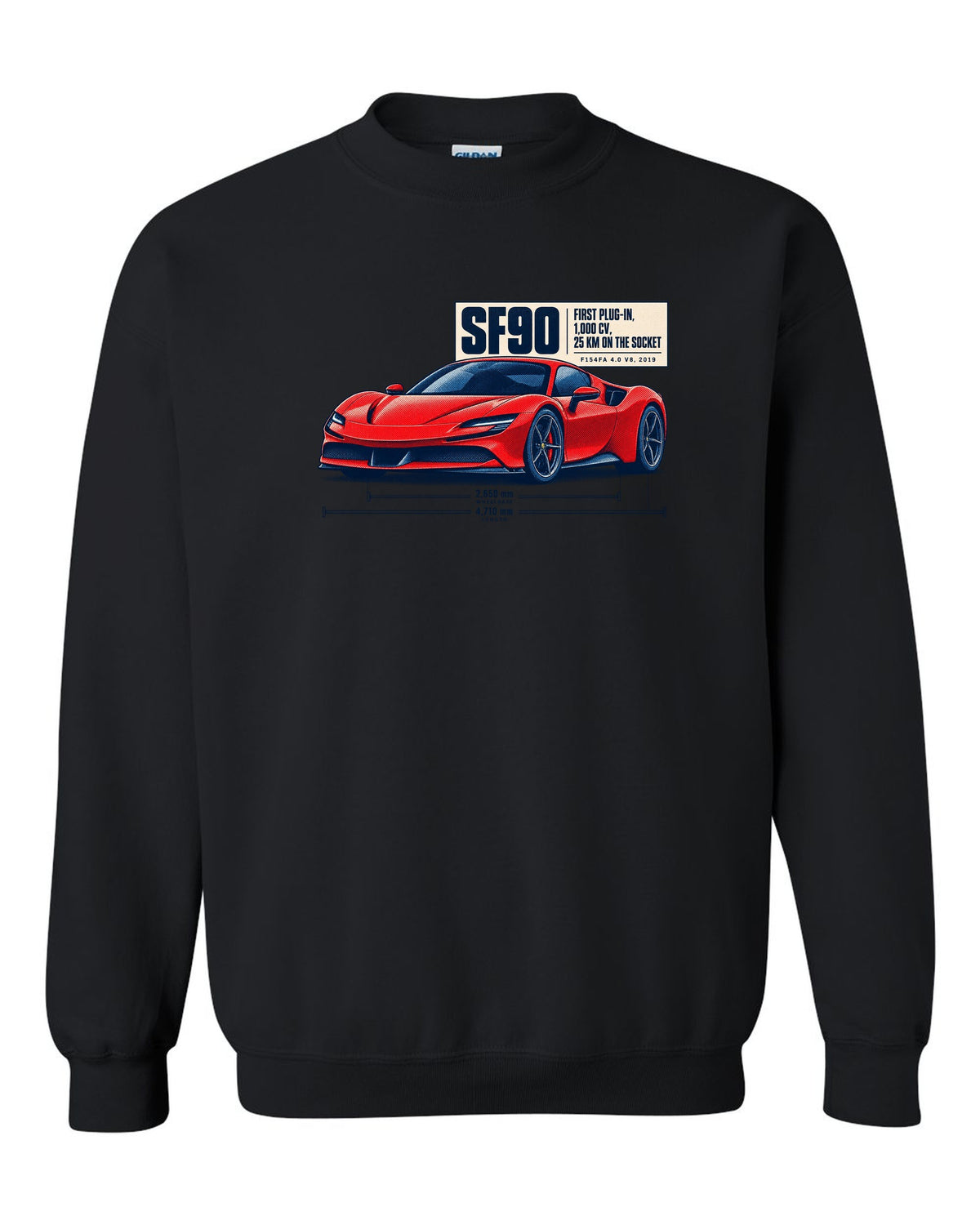 Ferrari SF90 Stradale halftone print with first plug-in, 1,000 CV text black crewneck front view with the design