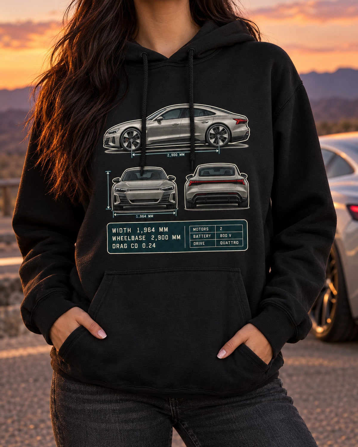 Audi RS e-tron GT Three-View Spec Table Tee, Cd 0.24 Car Shirt Pull Over Hoodie Black worn hero