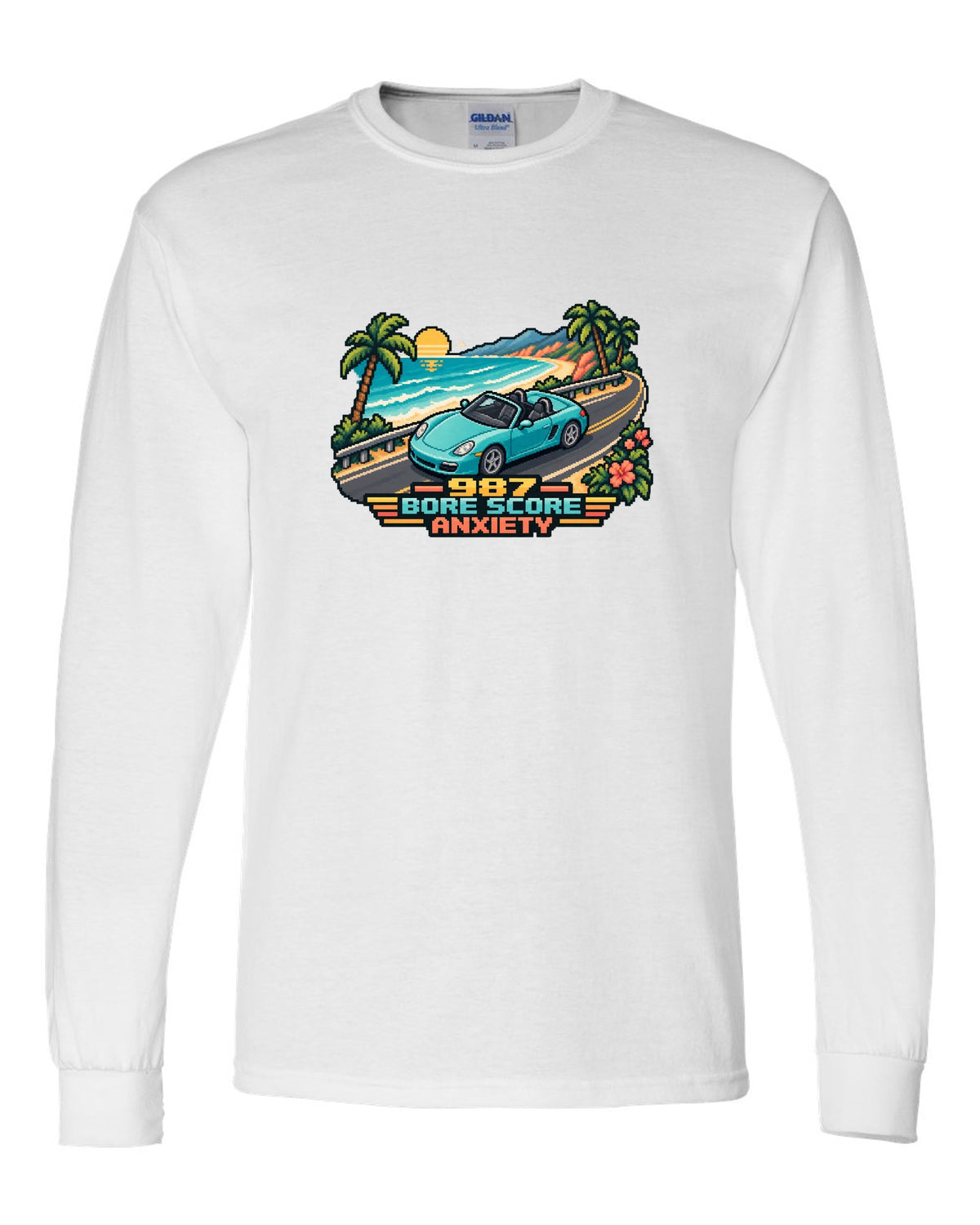 Porsche Boxster 987 isometric pixel art roadster with bore score anxiety text white long sleeve front view with the design