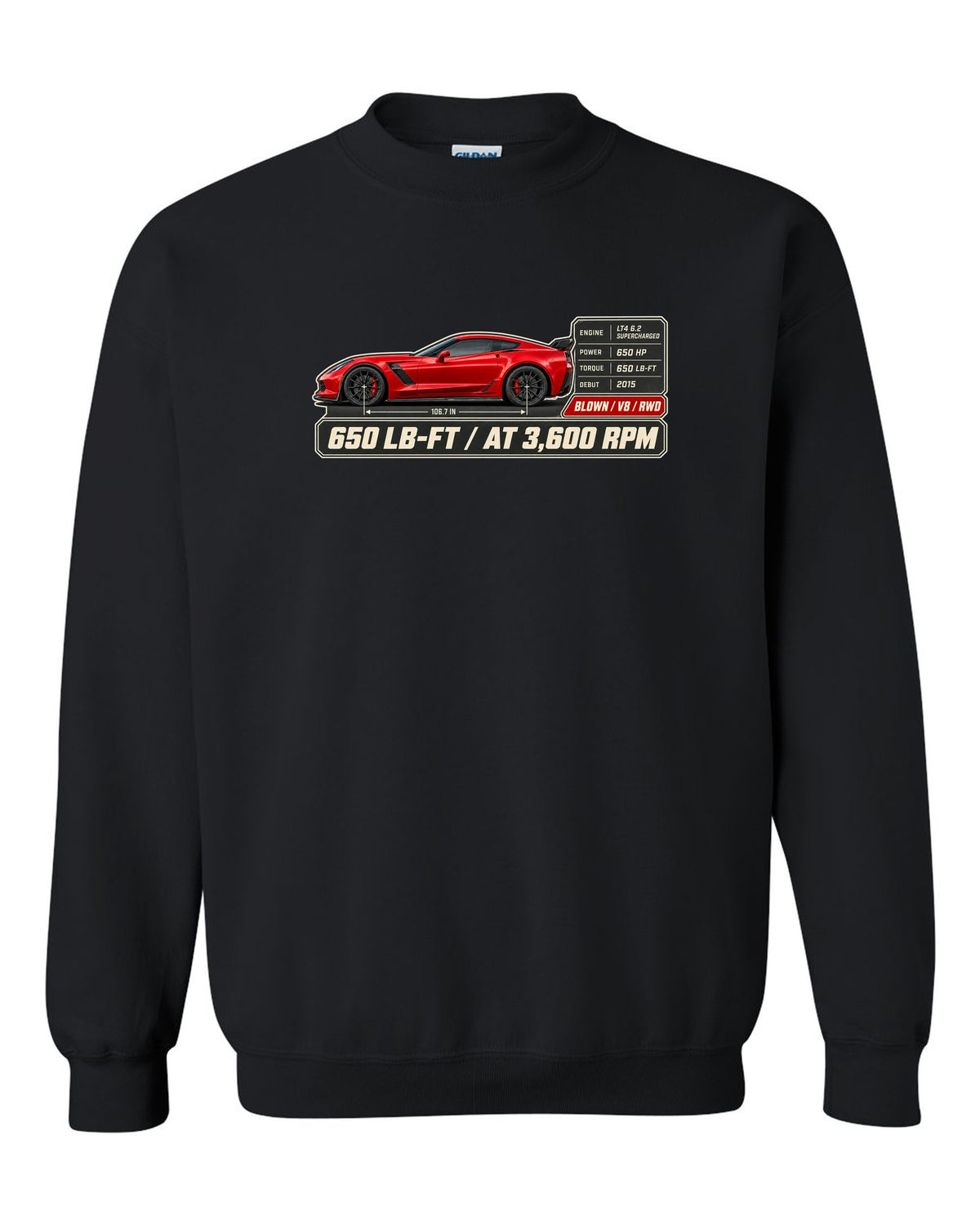 print of a Chevrolet Corvette C7 Z06 spec poster showing 650 lb-ft at 3,600 rpm black crewneck front view with the design
