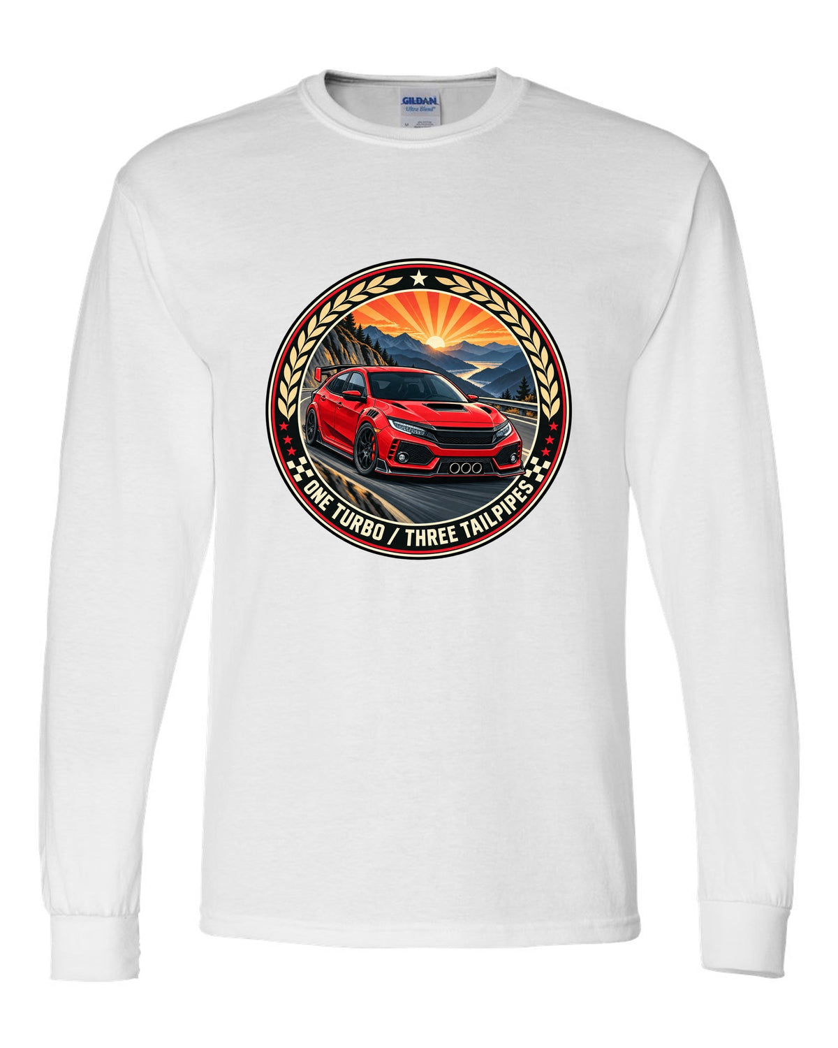 Original crest layout print for the Honda Civic Type R FK8 with one turbo three tailpipes text white long sleeve front view with the design