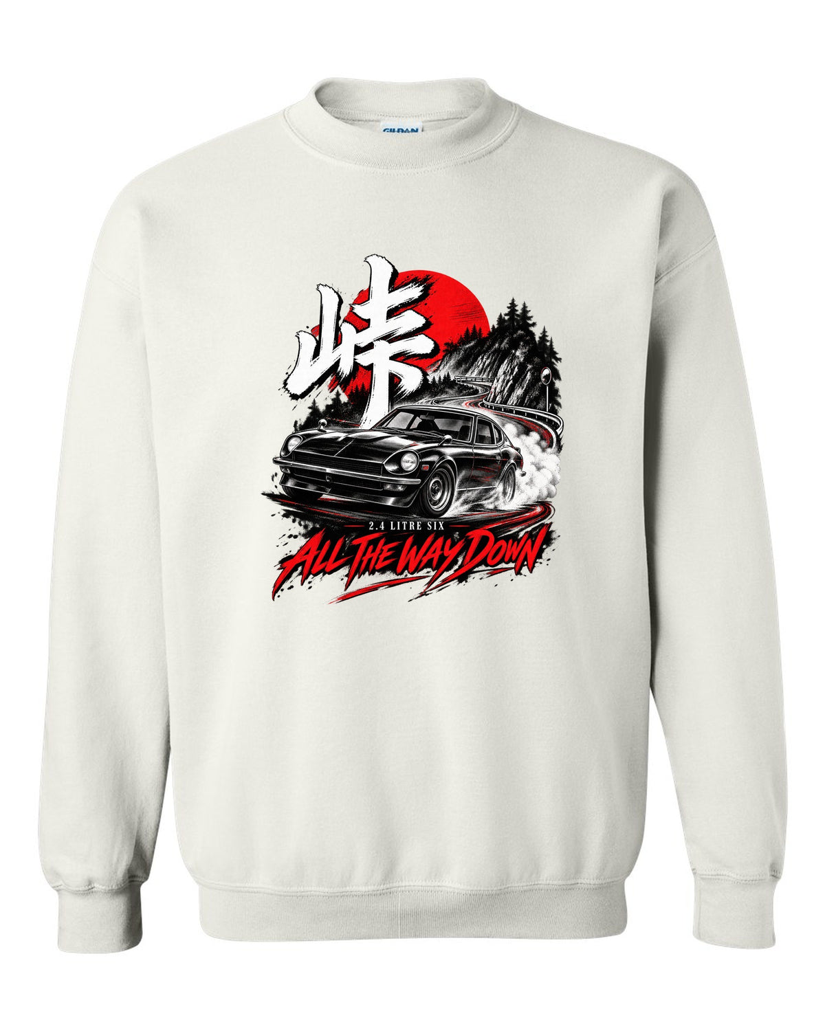 print of a 1971 Datsun 240Z HLS30 sliding downhill at night with touge kanji white crewneck front view with the design