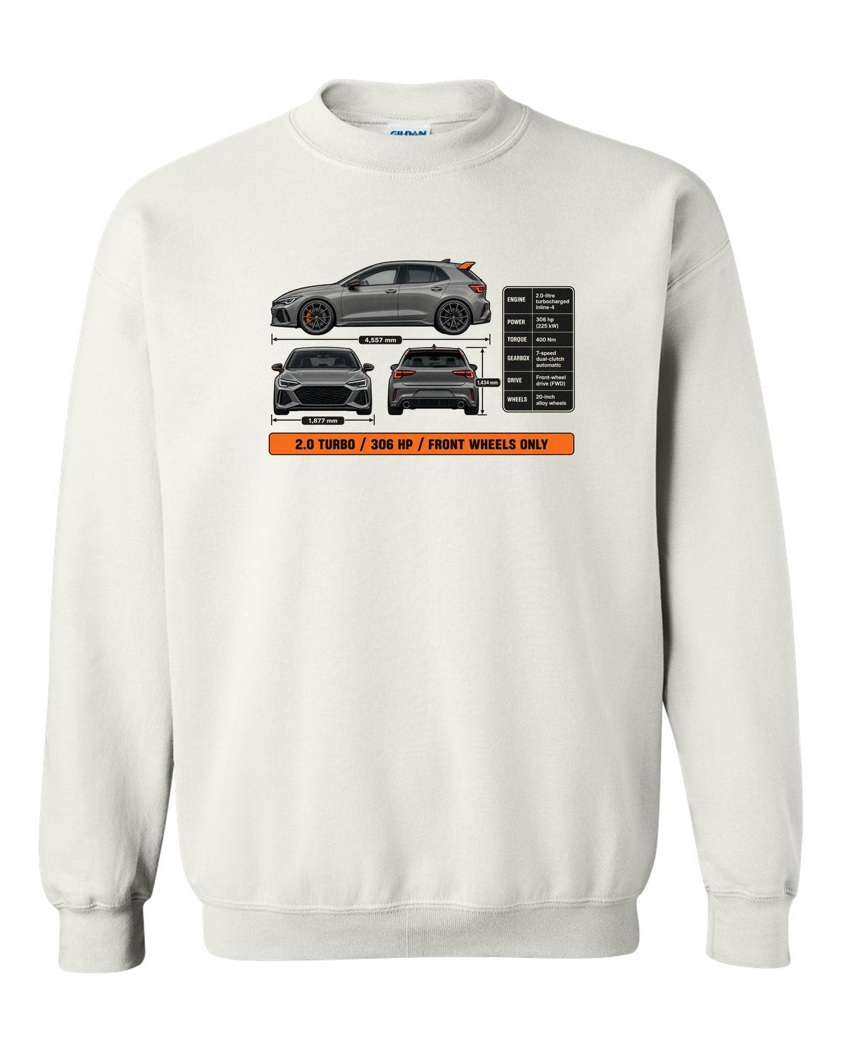 print three-view drawing of a Sonic Grey Honda Civic Type R FK8 white crewneck front view with the design