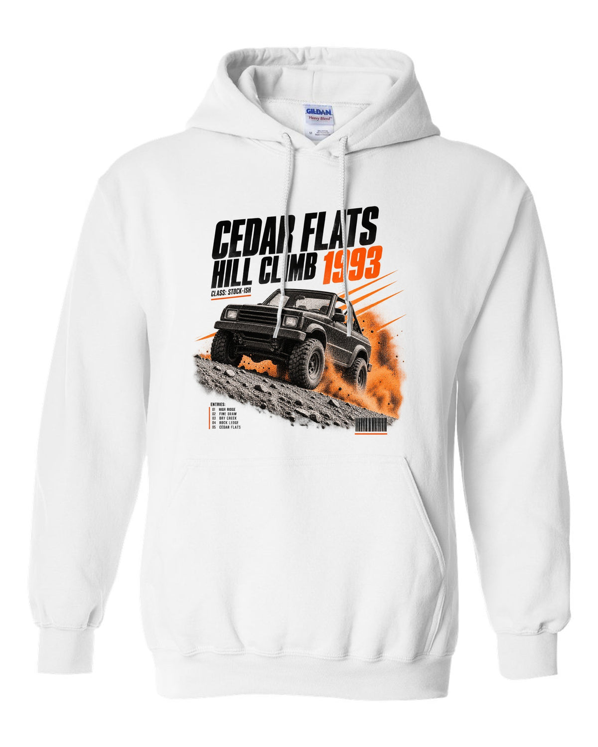 Race poster print for the Jeep Wrangler YJ, Cedar Flats Hill Climb 1993 white pull over hoodie front view with the design