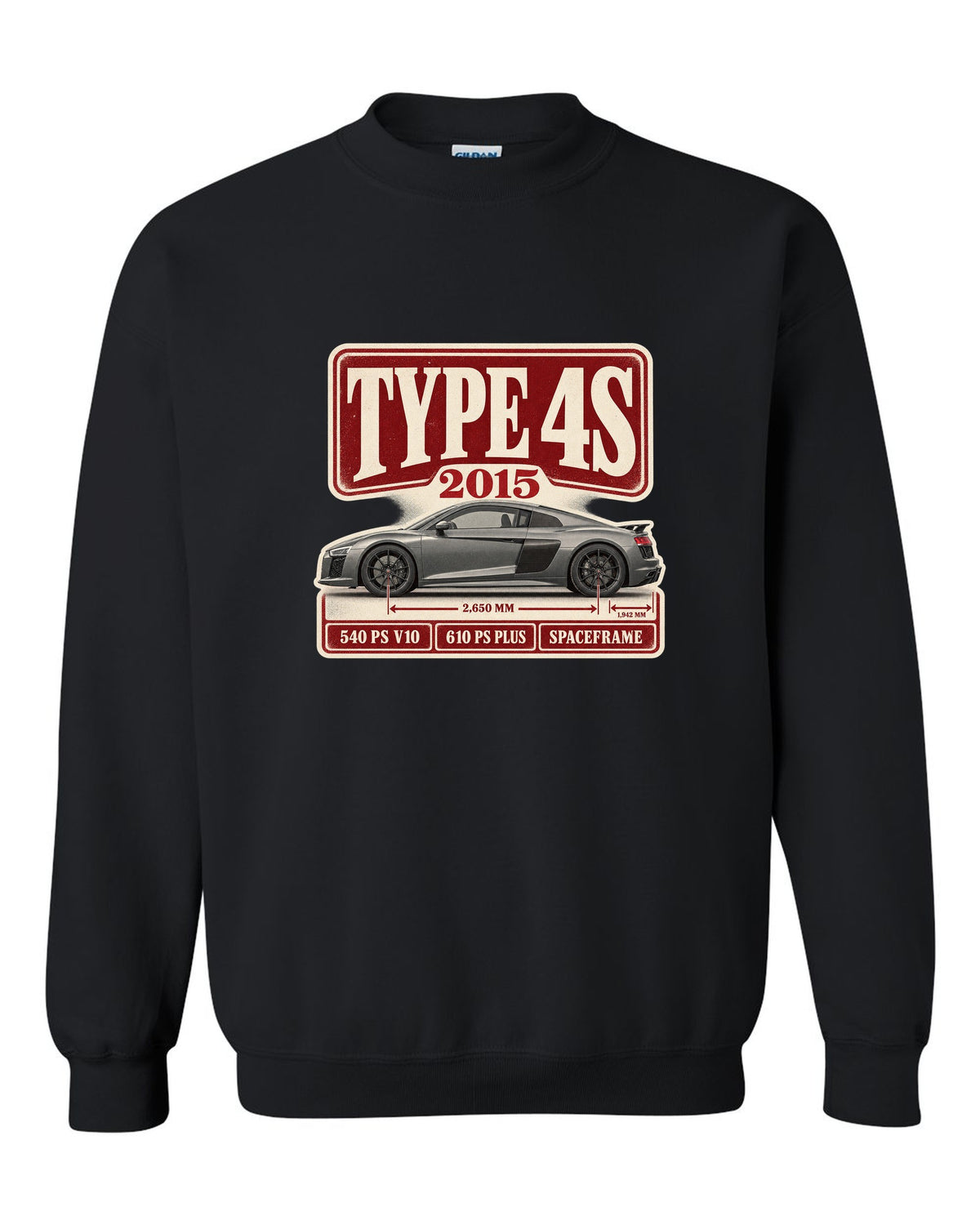 Audi R8 V10 Type 4S 2015 launch archive panel print design black crewneck front view with the design