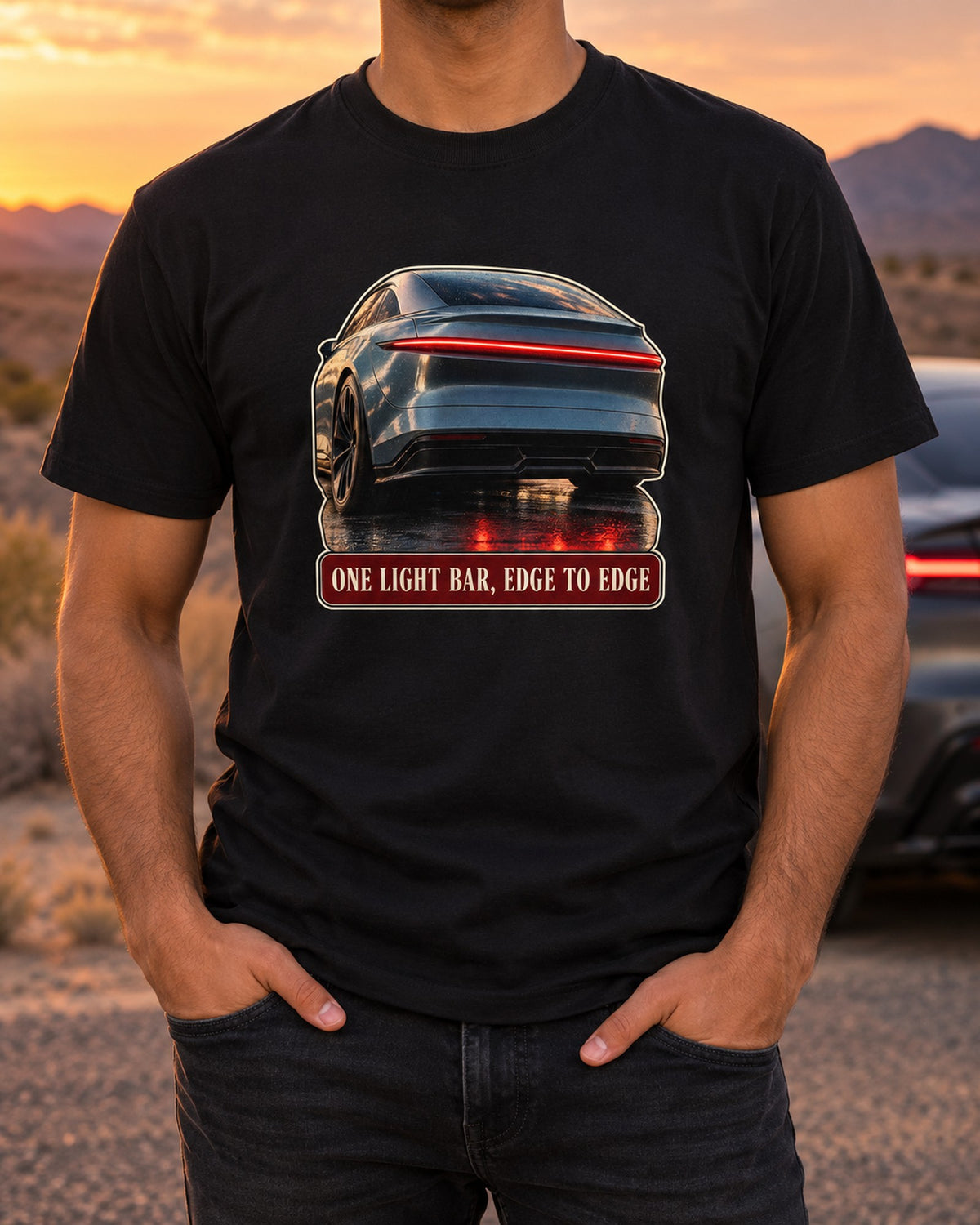 Lucid Air Sapphire Light Bar Taillight Shirt, Edge to Edge T-Shirt Black worn hero