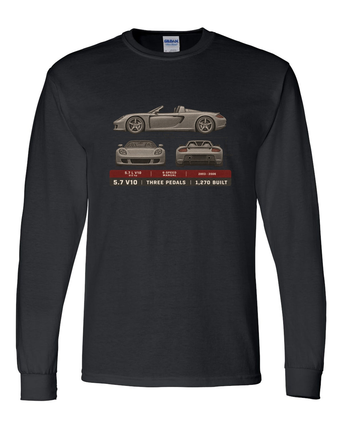 Porsche Carrera GT three-view and spec table print design black long sleeve front view with the design