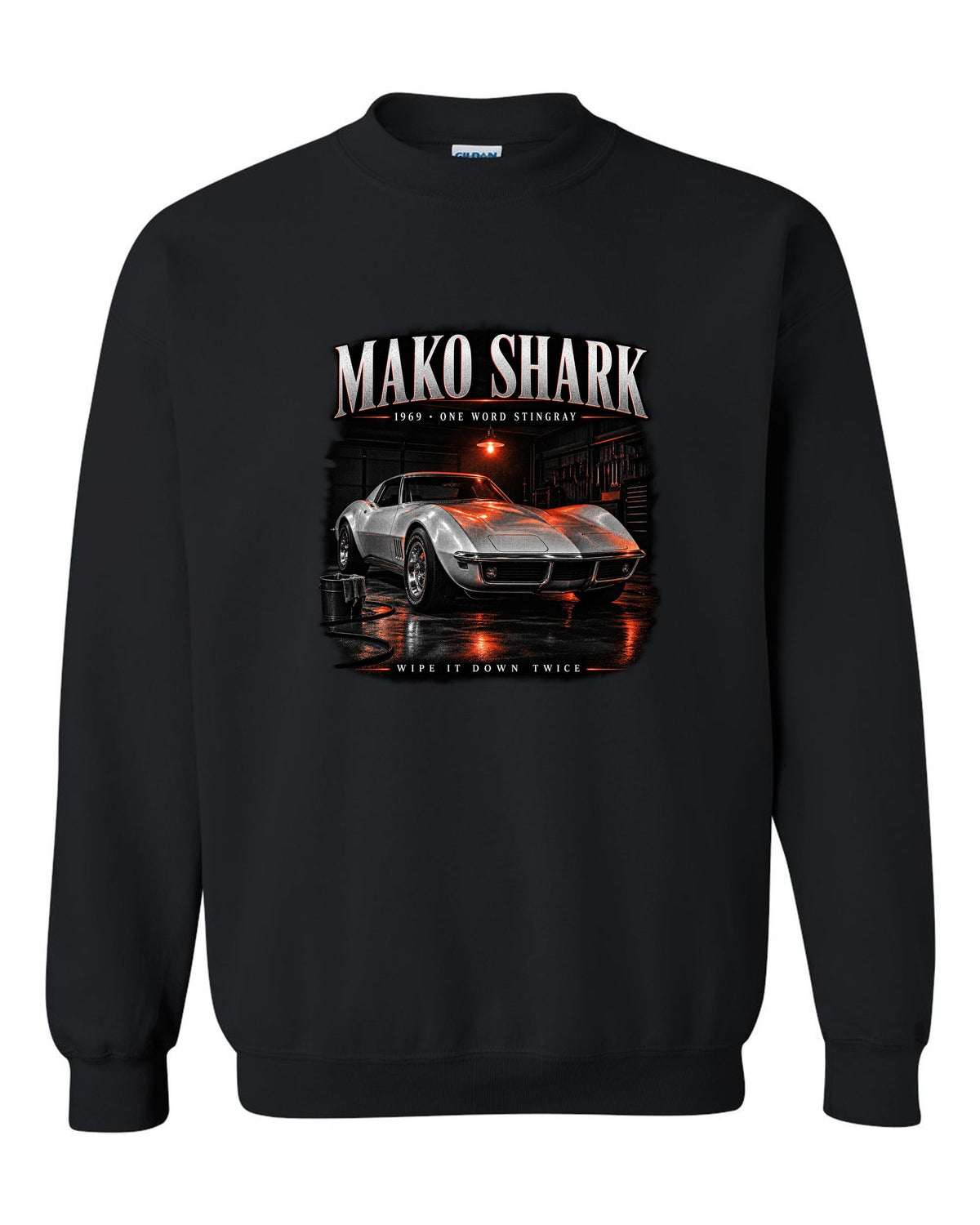 Chevrolet Corvette C3 Stingray 1969 coupe garage night print Mako Shark black crewneck front view with the design