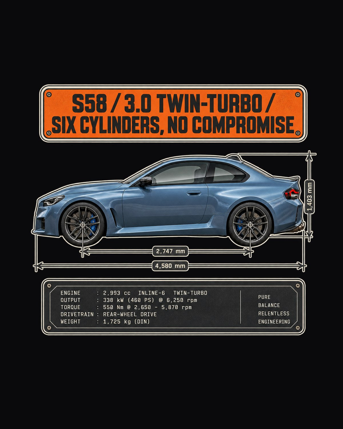 BMW M2 G87 Dimension Blueprint Tee, S58 Six-Cylinder Car Shirt design only