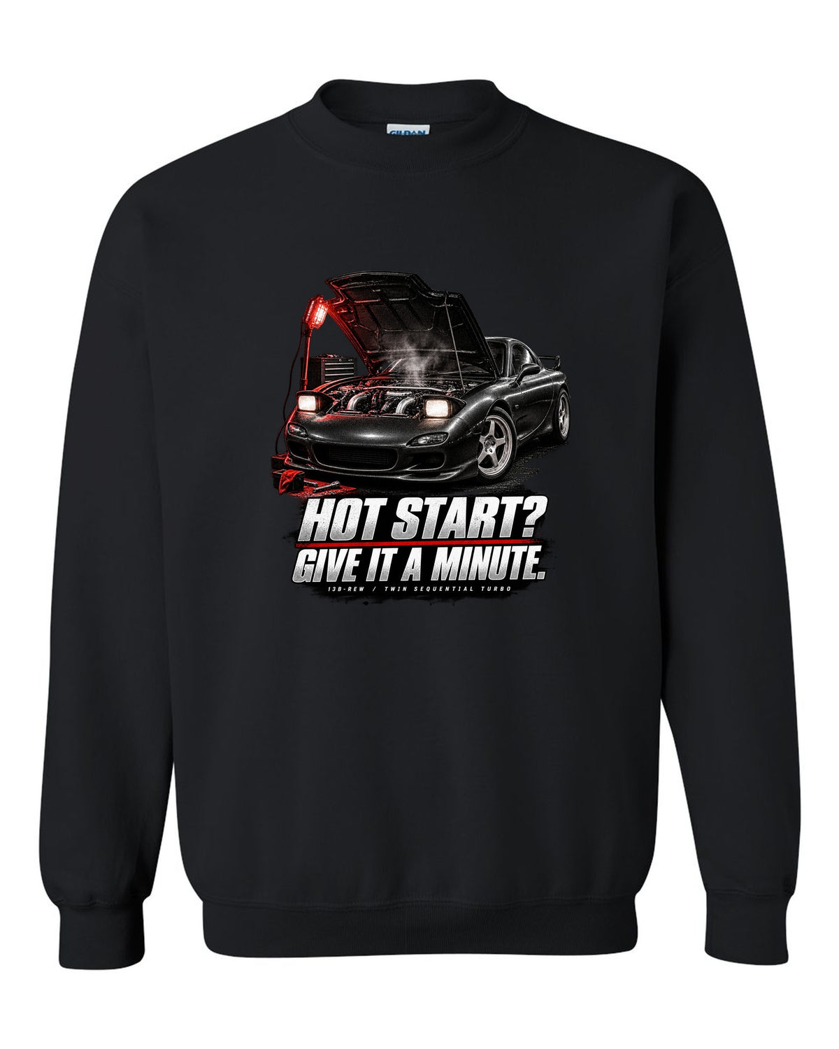 Garage night print of a Mazda RX-7 FD3S with hot start joke and 13B-REW lettering black crewneck front view with the design