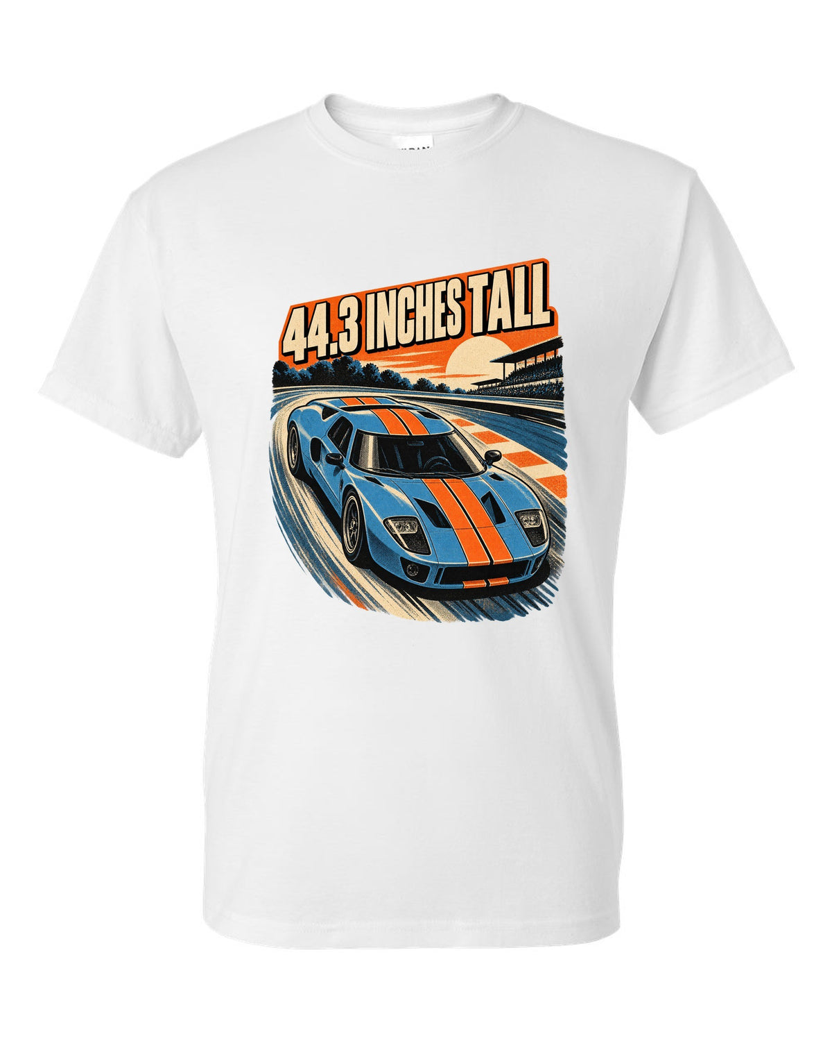 Ford GT 2005 overhead in a retro 1960s Le Mans poster print white t-shirt front view with the design