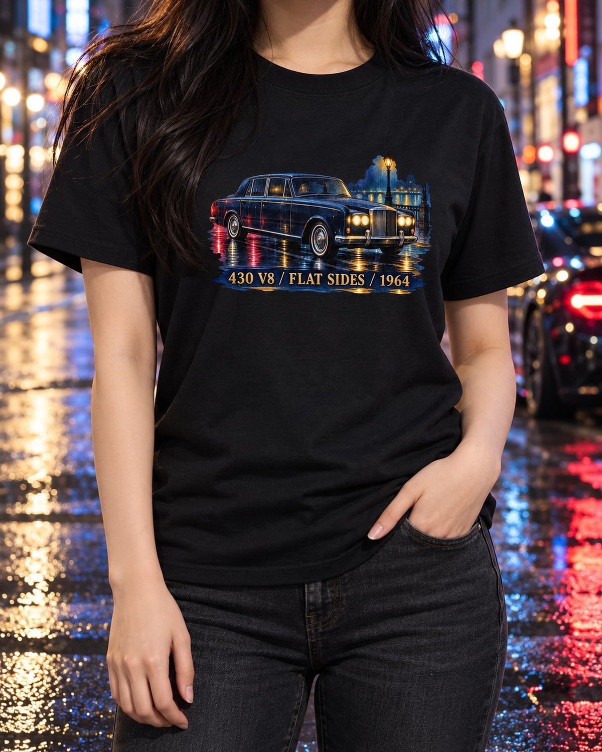 1964 Lincoln Continental Wet Road Night Watercolour Tee T-Shirt Black worn hero