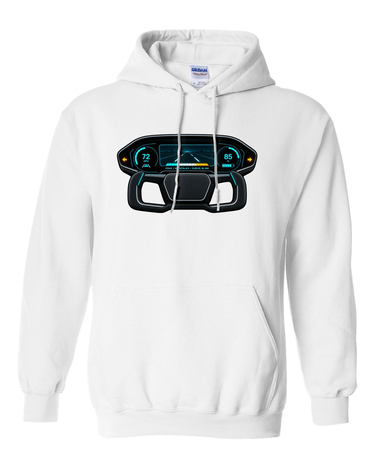 Gauge-cluster HUD design for a 2021 Tesla Model S Plaid with the words Yoke No Stalks Guess Blink white pull over hoodie front view with the design