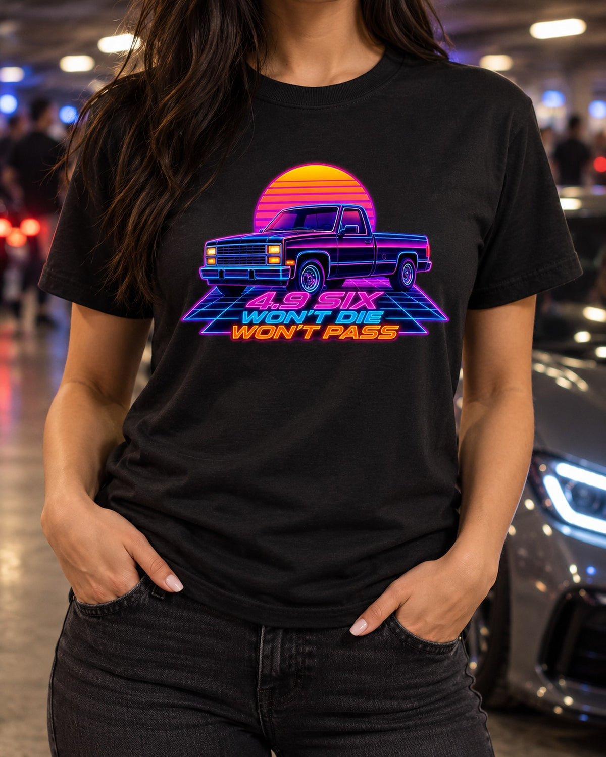 Brick-Nose 1987-91 Ford F-150 Drive-In Rain Synthwave Tee T-Shirt Black worn hero