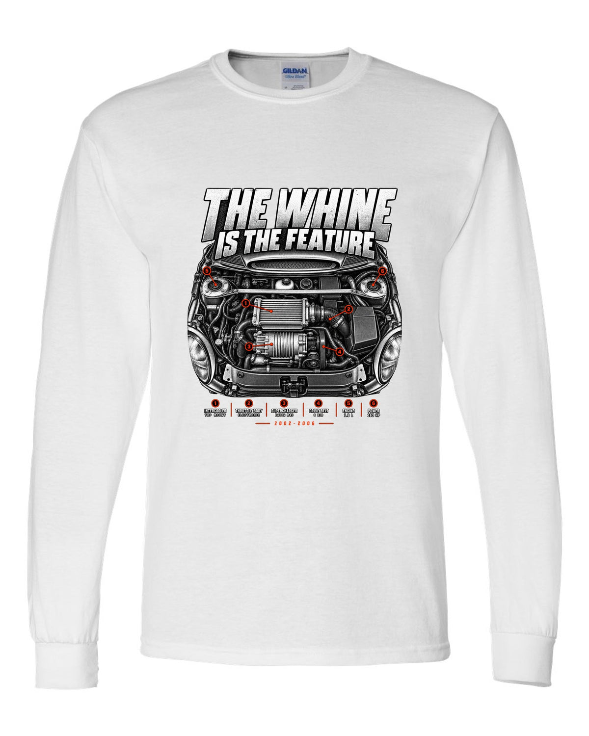 Mini Cooper S R53 engine bay print with supercharger callouts and whine text white long sleeve front view with the design