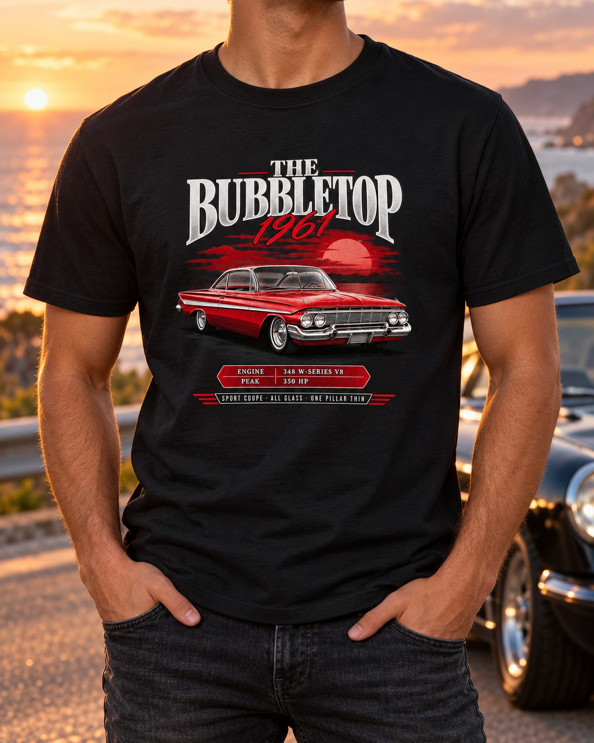 1961 Impala Sport Coupe Bubbletop Archive Panel Graphic Tee T-Shirt Black worn hero