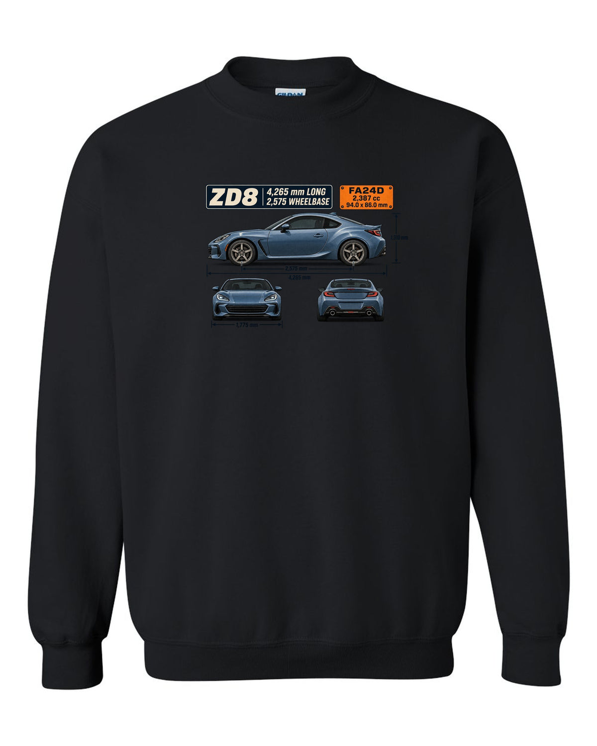 Blueprint-style dimension drawing of a Subaru BRZ ZD8 with length and wheelbase callouts black crewneck front view with the design